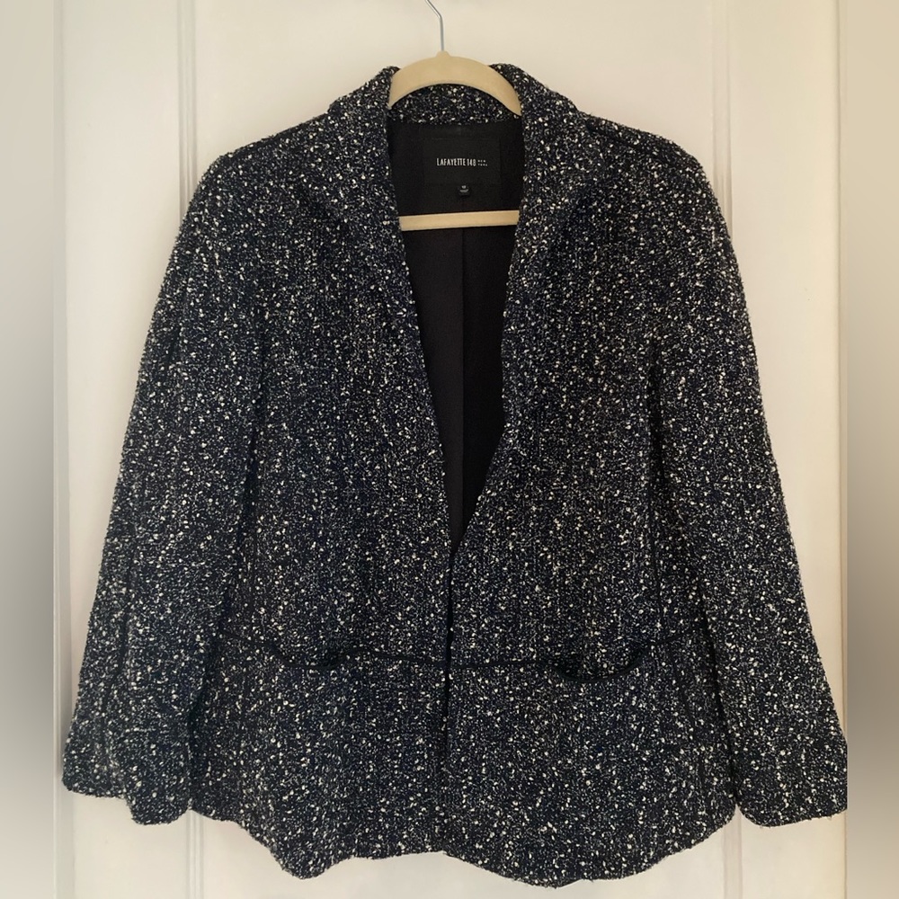 Lafayette 148 Tweed Boucle Wool Blend Blazer Jacket Black Blue White Size 12